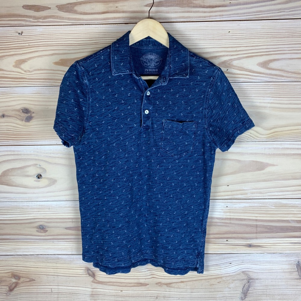 Wallace & Barnes Polo Mens Small Blue Anchor Indigo Slub Cotton Nautical